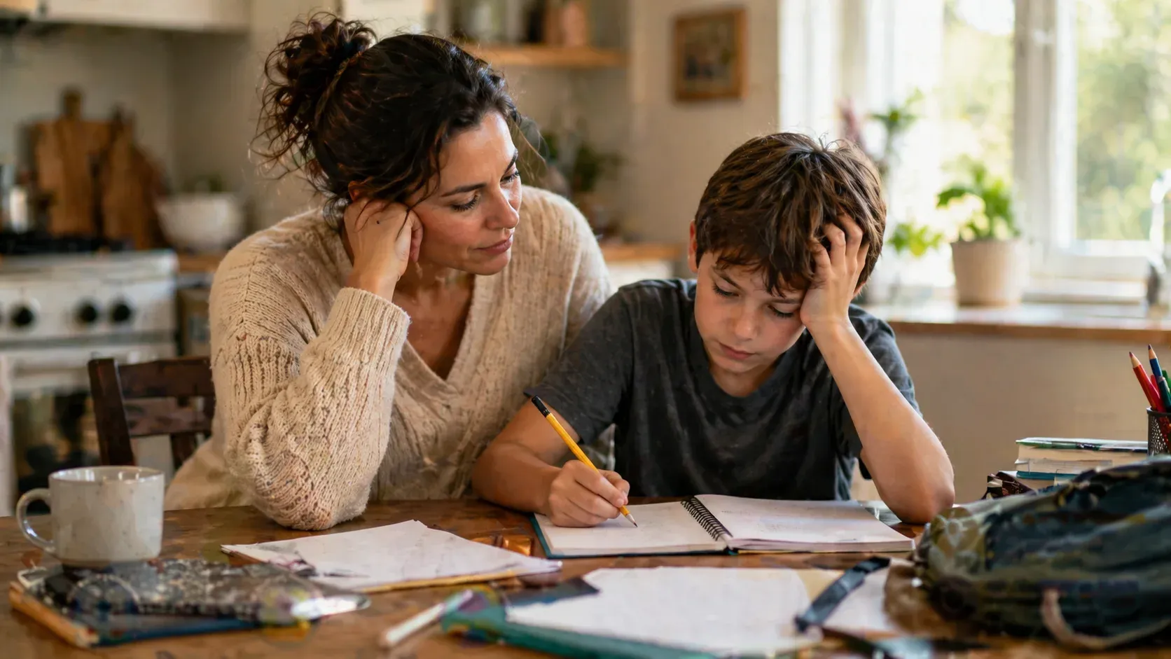 A mother sits beside her son at the kitchen table while he struggles with homework