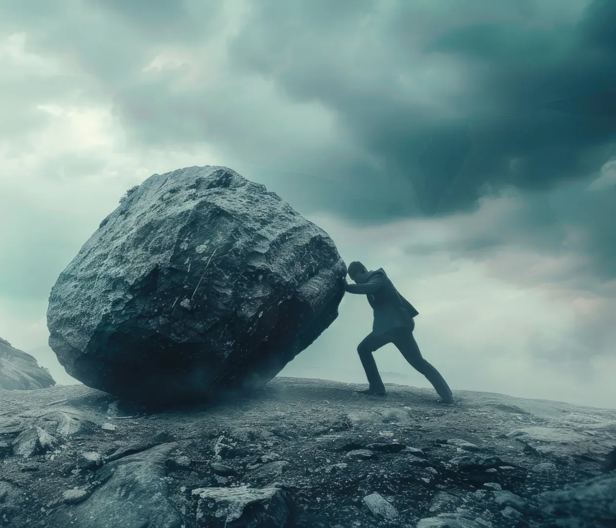 A man pushes a huge boulder up a rocky hill under a stormy sky